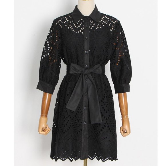 Rose & Grace Dresses & Skirts - 🇺🇸 4th Sale Lace Eyelet Long Sleeve Florine Dress with Bow Belt NWT